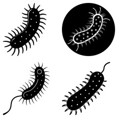 Fototapeta premium Illustration of various black and white bacteria cells with flagella and pili in different orientations