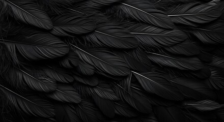 Close up of overlapping black feathers with thin white quills feather texture dark background