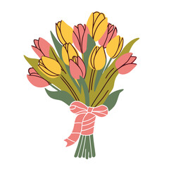 Pink and yellow tulips with green leaves and a pink bow vector