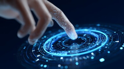User Interacting with Futuristic Digital Interface Featuring Glowing Data Visualization Elements