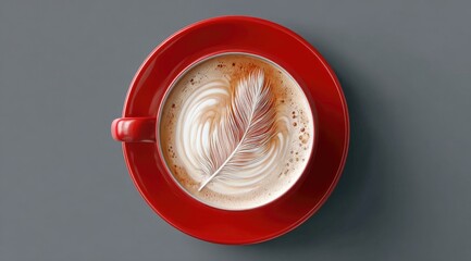 Overhead view of a red cup and saucer holding a cappuccino with latte art depicting a feather
