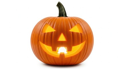 A carved halloween pumpkin jackolantern glowing, isolated on white background