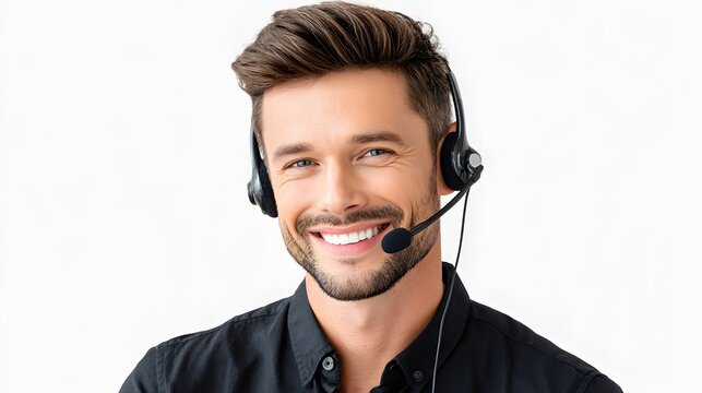 Smiling man wearing a headset in a professional portrait expressing confidence and approachability