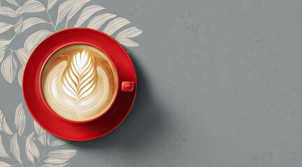 Overhead view of a red cup of latte art coffee on a gray surface with subtle leaf designs