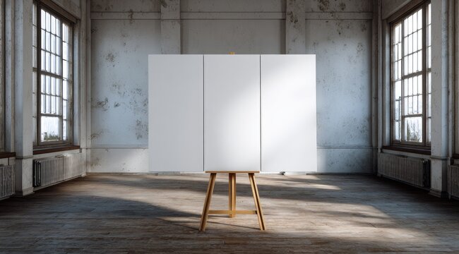 Triptych canvas on wooden easel in a sunlit, dilapidated warehouse studio with large windows and aged walls