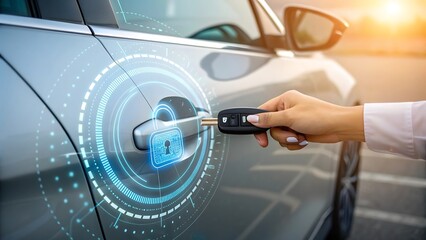 Close-up of woman unlocking silver car door with key fob and digital lock hologram, concept of smart car security and modern automotive technology
