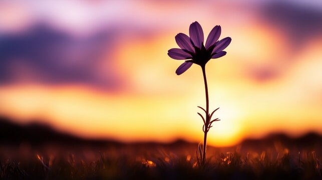 A silhouette of a single flower stands elegantly against a sunset sky of orange and purple hues. It conveys hope, beautiful solitude, and the serene end of a day.