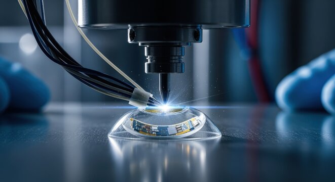 Macro photography of electrode deposition on smart contact lens microbatteries utilizing atomic layer deposition processes in a lab.
