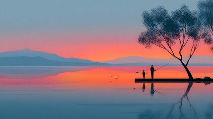 Silhouette of Two People in Nature at Sunset by a Calm Lake with Colorful Reflections and Serenity