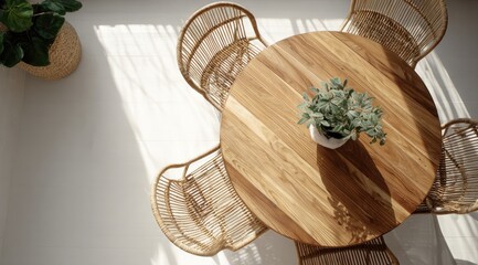 Overhead view of a round wooden dining table surrounded by five woven chairs, a small potted plant sits in the center, bathed in sunlight on a bright floor