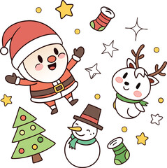 Adorable Whimsical Christmas Holiday Vector Illustration Featuring Santa Snowman Reindeer and Bunny Characters for Festive Greeting Cards and Seasonal Decor