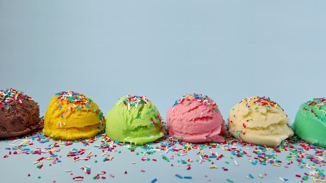 Set of scoops ice cream of pistachio, chocolate, vanilla, mint, mango and berry with decorated sprinkles on blue background, copy space, motion