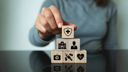 Hand stacking wooden blocks with healthcare symbols representing medical insurance and patient care services