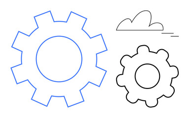 Two gears of different sizes, one outlined in blue, next to a cloud shape. Ideal for technology, industry, teamwork, collaboration, systems, innovation efficiency themes simple flat metaphor