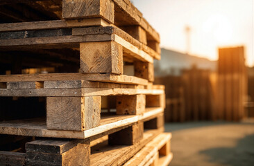Close up of stacked wooden pallets in outdoor industrial yard under warm sunlight in late afternoon