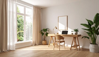 Bright, sunlit home office with wooden desk, plants, and large window