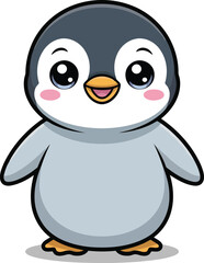 Obraz premium High-resolution kawaii baby penguin vector illustration, soft grey and white feathers, big sparkling eyes, pink cheeks, tiny yellow beak, standing in a happy pose. Clean outlines, white background.