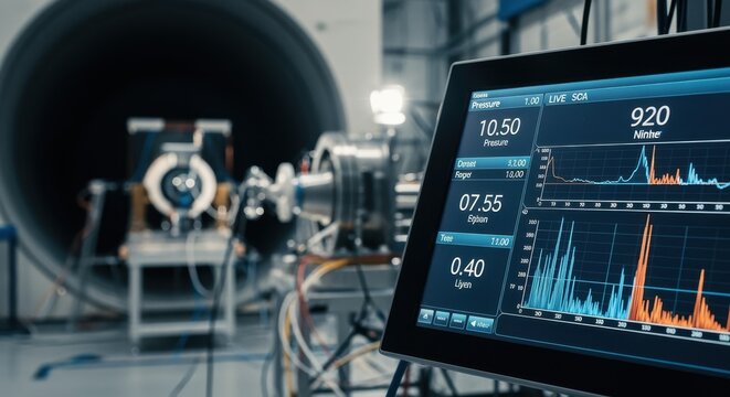 Digital instrumentation panel displaying pressure and temperature readings during live hypersonic wind tunnel testing of scramjet components.