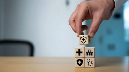 Hand stacking wooden blocks with medical symbols representing healthcare insurance and protection