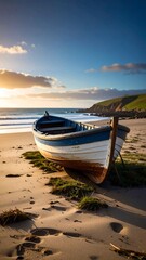 Obraz premium Wooden boat on beach sunset seascape