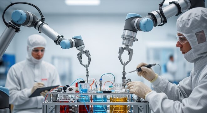 Specialized robotic arms assist technicians in precise placement of valves and fittings on a fluids experiment rack designed for zerog research.