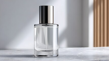 Elegant Glass Perfume Bottle with Silver Cap on a Marble Surface in a Minimalist Setting