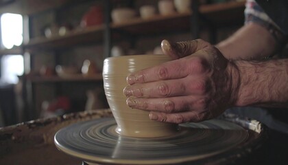Hands shaping a clay bowl on a pottery wheel