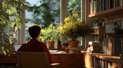 Person Sitting at a Wooden Desk Surrounded by Green Plants and Warm Sunlight in a Cozy Workspace
