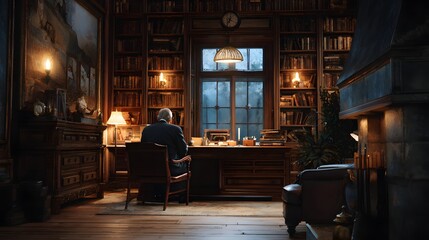 Naklejka premium Cozy Study Room with Warm Lighting and Extensive Bookshelves in a Dimly Lit Office