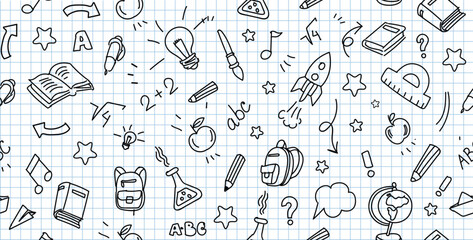 Back to school seamless vector line pattern. Hand drawn abstract banner on checkered background. Repeating banner with book, backpack, pen, Vector illustration.