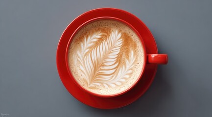 Overhead view of a vibrant red mug and saucer, containing a cappuccino with intricate feather-like latte art, set against a muted gray background