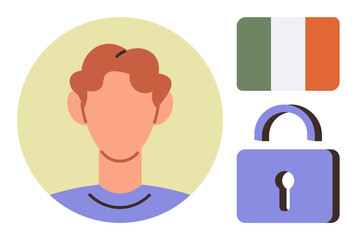 Simplified headshot of a person, Ireland flag, and padlock symbolizing identity protection, nationality, or privacy. Ideal for security, data protection, digital identity, nationality privacy