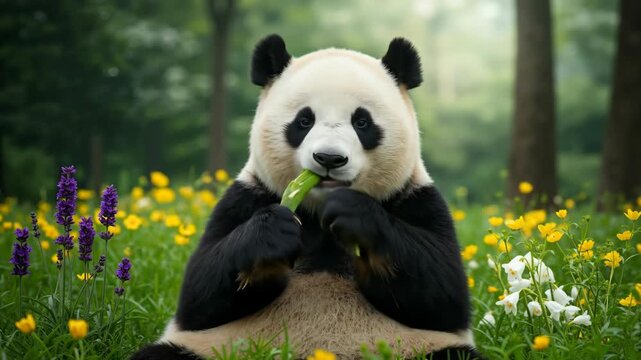 Adorable giant panda lounging in a wildflower meadow, nibbling bamboo with a relaxed grin; bright spring mood for conservation, education, and zoo outreach; natural light, crisp detail