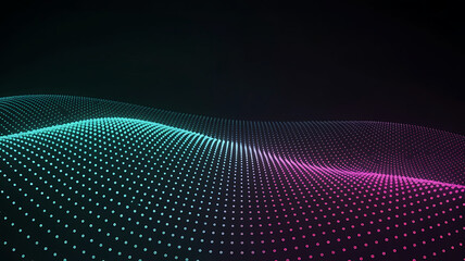 Abstract glowing digital landscape of interconnected points with a gradient of teal and magenta light on a dark background