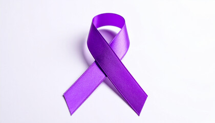 Purple awareness ribbon on white backdrop. Symbol of pancreatic cancer and epilepsy.