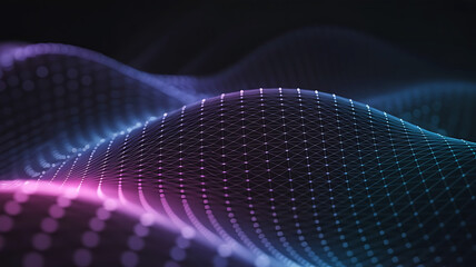 Abstract glowing digital wave of particles illuminated by vibrant neon pink and blue light against a dark background