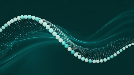 Abstract representation of a glowing turquoise dna double helix structure against a dark teal background