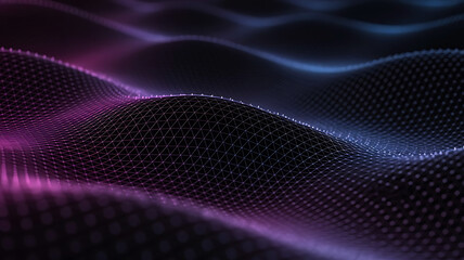 Abstract digital landscape with flowing waves of glowing particles in purple and blue light creating a futuristic network pattern