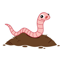 Pink worm emerging from brown soil dirt