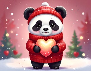 Cute panda in red sweater holds heart