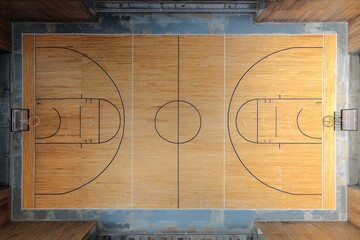 Overhead view of an aged, worn wooden basketball court, showing the full court lines, hoops, and surrounding aged walls
