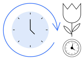 Clock face with circular arrow symbolizing time, growth, or renewal minimalist flower for nature or life. Ideal for productivity, growth, time tracking, planning, mindfulness, ecology