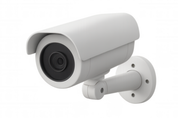 White security camera mounted on a wall, providing surveillance and ensuring safety with transparent background