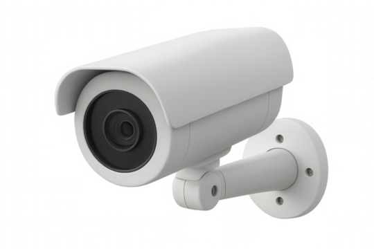 White security camera mounted on a wall, providing surveillance and ensuring safety with transparent background