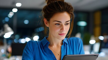 Young Woman Engaged with Digital Tablet in Modern Office Space During Nighttime Hours
