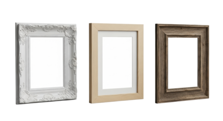 Three empty picture frames (ornate white, light wood, rustic dark wood) horizontally arranged on a transparent studio background, captured in an ultra-realistic 3/4 view with no shadows,