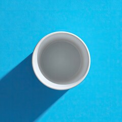 Overhead view of an empty white paper cup on a bright blue background, casting a distinct shadow