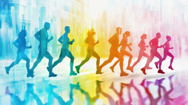 Group of people running together on a city street, diverse crowd with various outfits and accessories