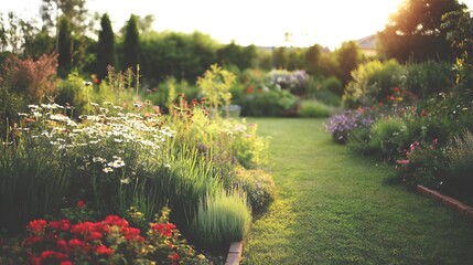 Obraz premium A sun-drenched garden path lined with vibrant flowers and greenery.