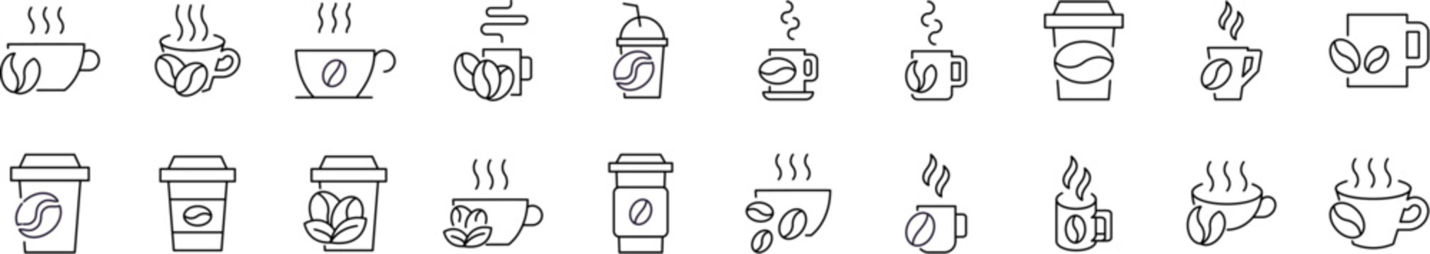 Coffee Line Icon Collection. Cup with Coffee Bean Outline Signs for Graphic and Web Design, Apps, Adverts, Various Cards